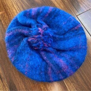 Donegal Designs Mohair Wool Beret Blue Purple Pom Pom